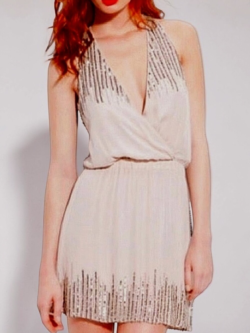Parker Sleeveless Silk Gold Sequin Mini Dress Nude Lined Chic Cocktail Evening L